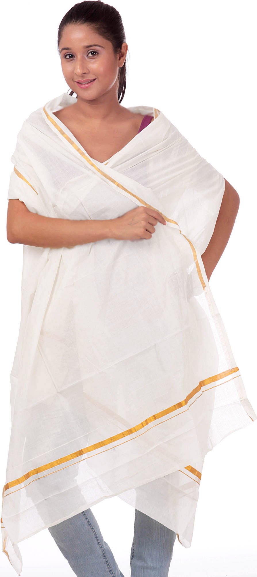 Exotic India Women's White Veshti from Kerala with Zari Border Pure Cotton Shawl