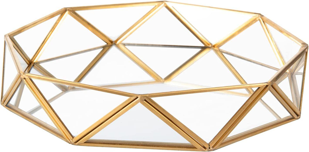 ARTINCO Gold Clear Glass Mirror Make up Vanity Tray Jewelry Organizer Cosmetic Display, Geometric Shape Perfume Display Decorative Tray for Home Decor Dresser Countertop 7.5 x 2 Inch Small