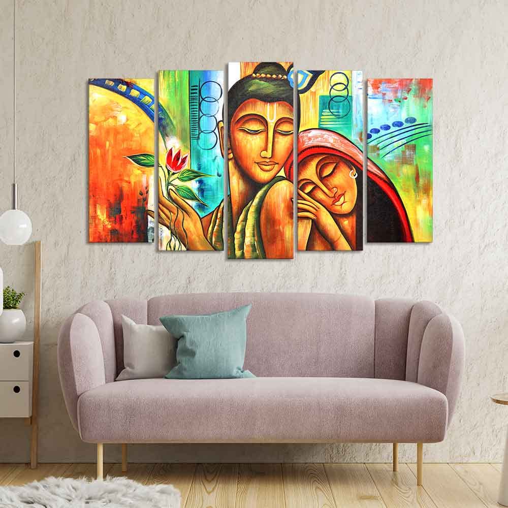 VIBECRAFTS Five Pieces Set Wall Painting of Radha Krishna For Home|Office|Living Room|Gift (PTVC5Pcs2_6576)