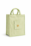 HOMELEE AESTHETICK Eco Friendly Green Striped Jute Tote Bag for Women | Reusable Shopping Handbag with Front Pocket & Rope Handles | Cotton Jute Lunch, Office & Grocery Bag