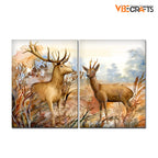 VIBECRAFTS 2 Pieces Beautiful Deer In The Forest Canvas Wall Painting Fitted With Wooden Frame For Home | Office | Living Room | Gifts(PTVC2Pcs1_17506)
