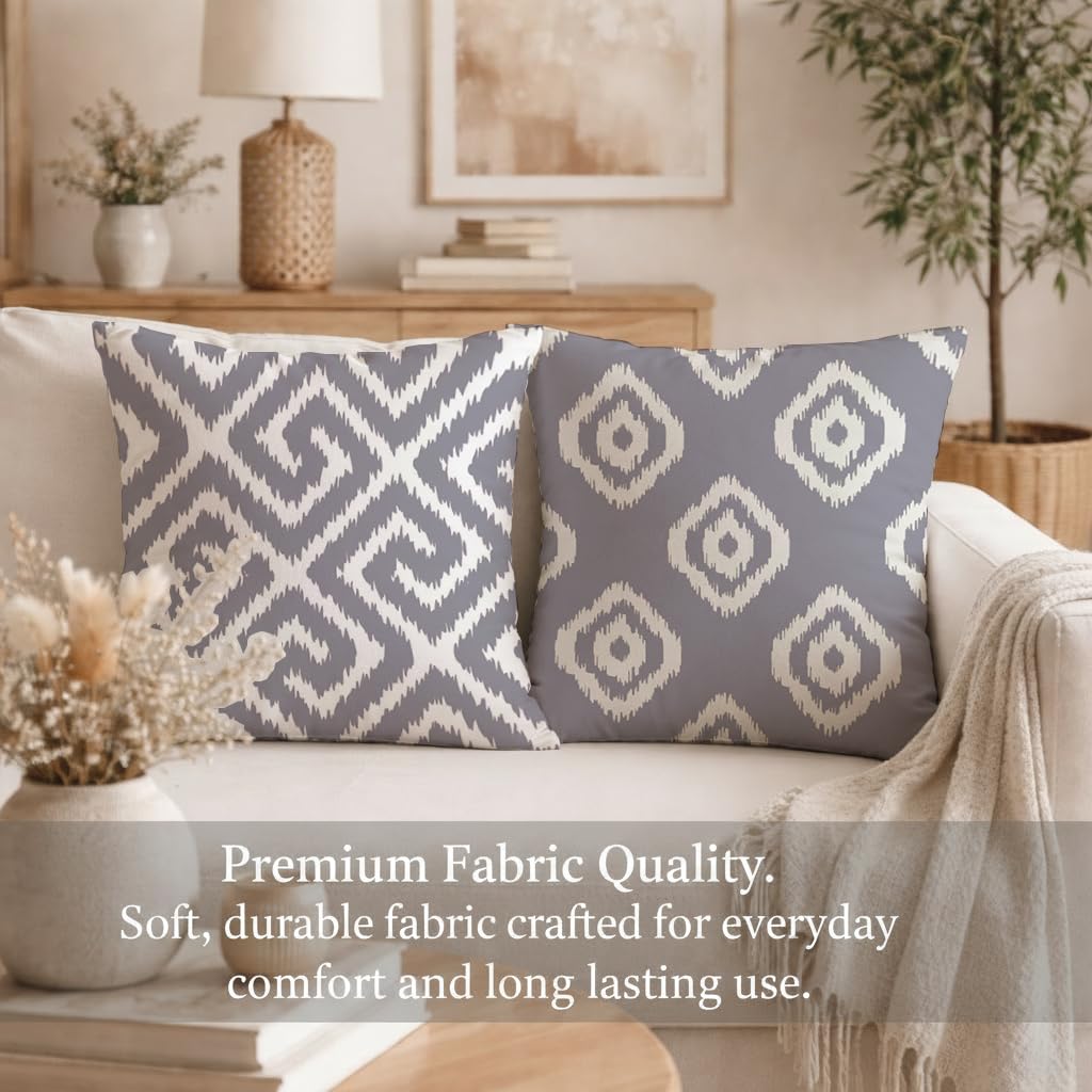STITCHNEST Set of 2 Polycotton Cushion Covers – 24x24 Inches – Grey & White Ikat Geometric Print – Elegant Cushion Covers for Sofa & Living Room | Perfect for Home Decor