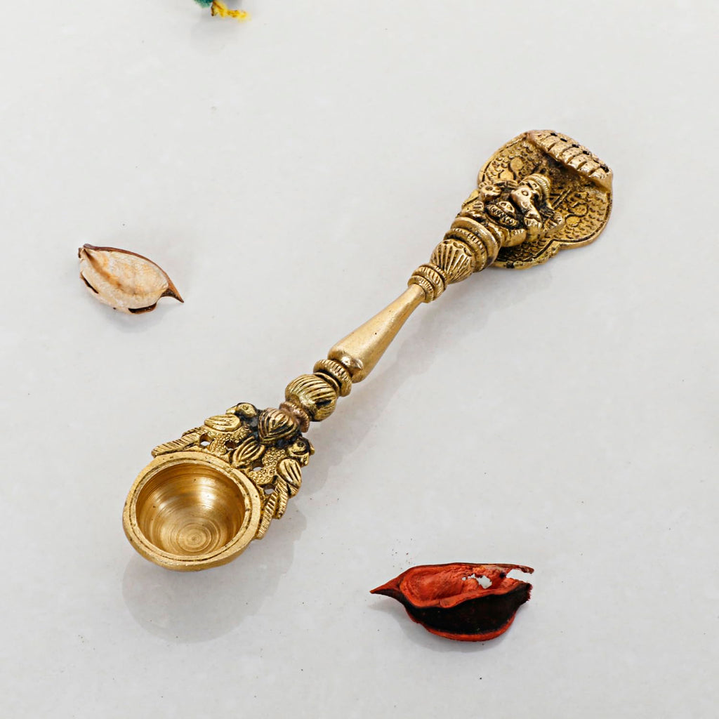 Artvarko Brass Ganesha Havan Spoon Idol Sheshnaag Ganesh Achmani Spoon for Hawan Kund Ghee Pooja 6.5 Inch