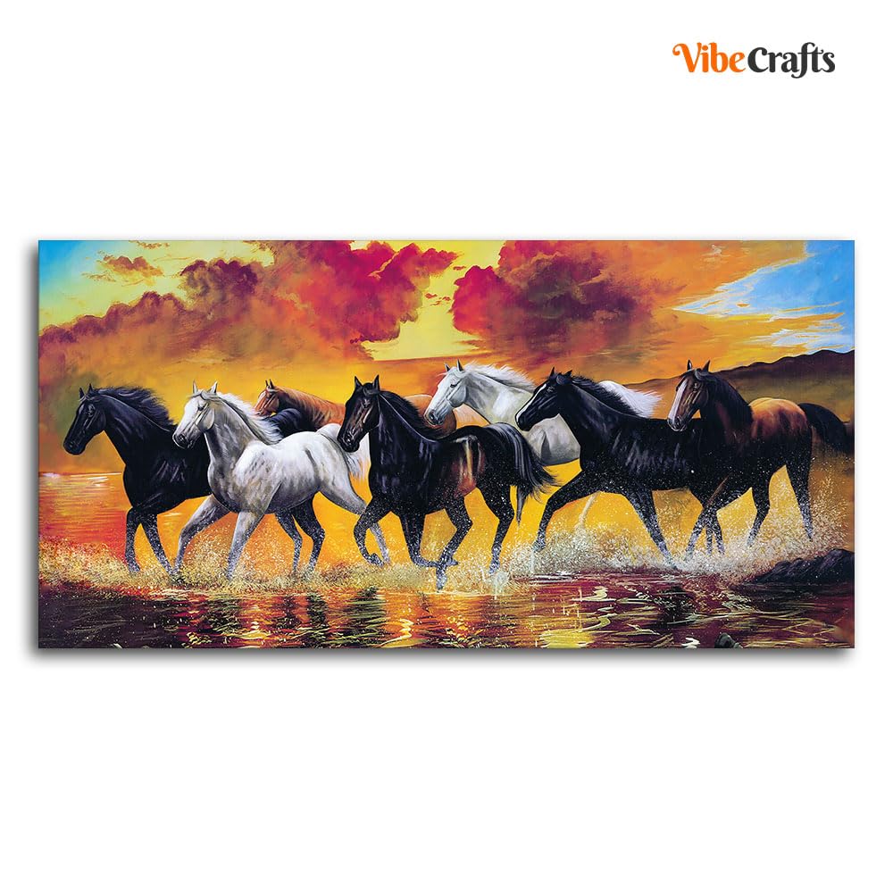 VIBECRAFTS Canvas Paintings for Living Room Drawing Room Panoramic Running Seven Horses Abstract Wall Painting Fitted with Wooden Frame for Home|Office|Gift(PTVCH_2271N)
