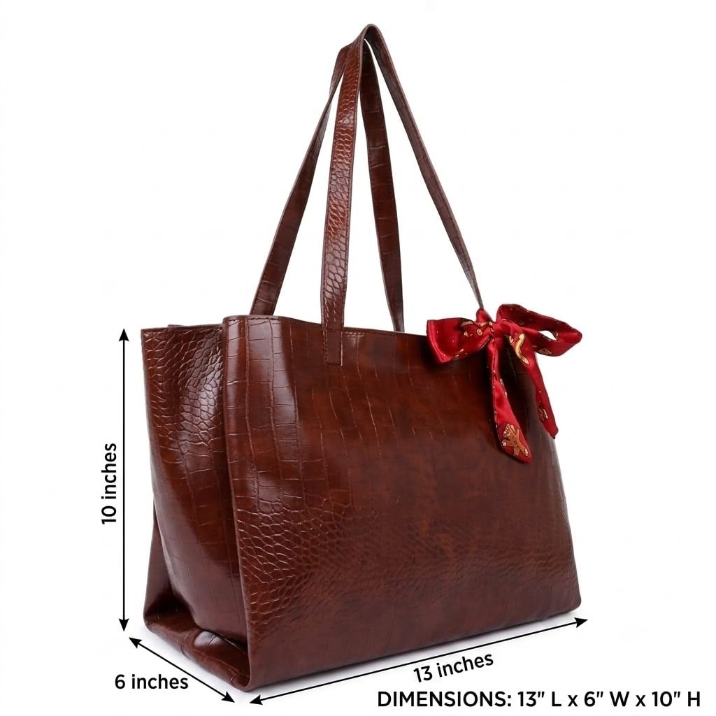 DANIEL CLARK Large Crocodile Texture Tote Bag |PU Leather Shoulder Handbag for Office, Shopping & Travel Handbag with ribbon scarf for Women & Girls