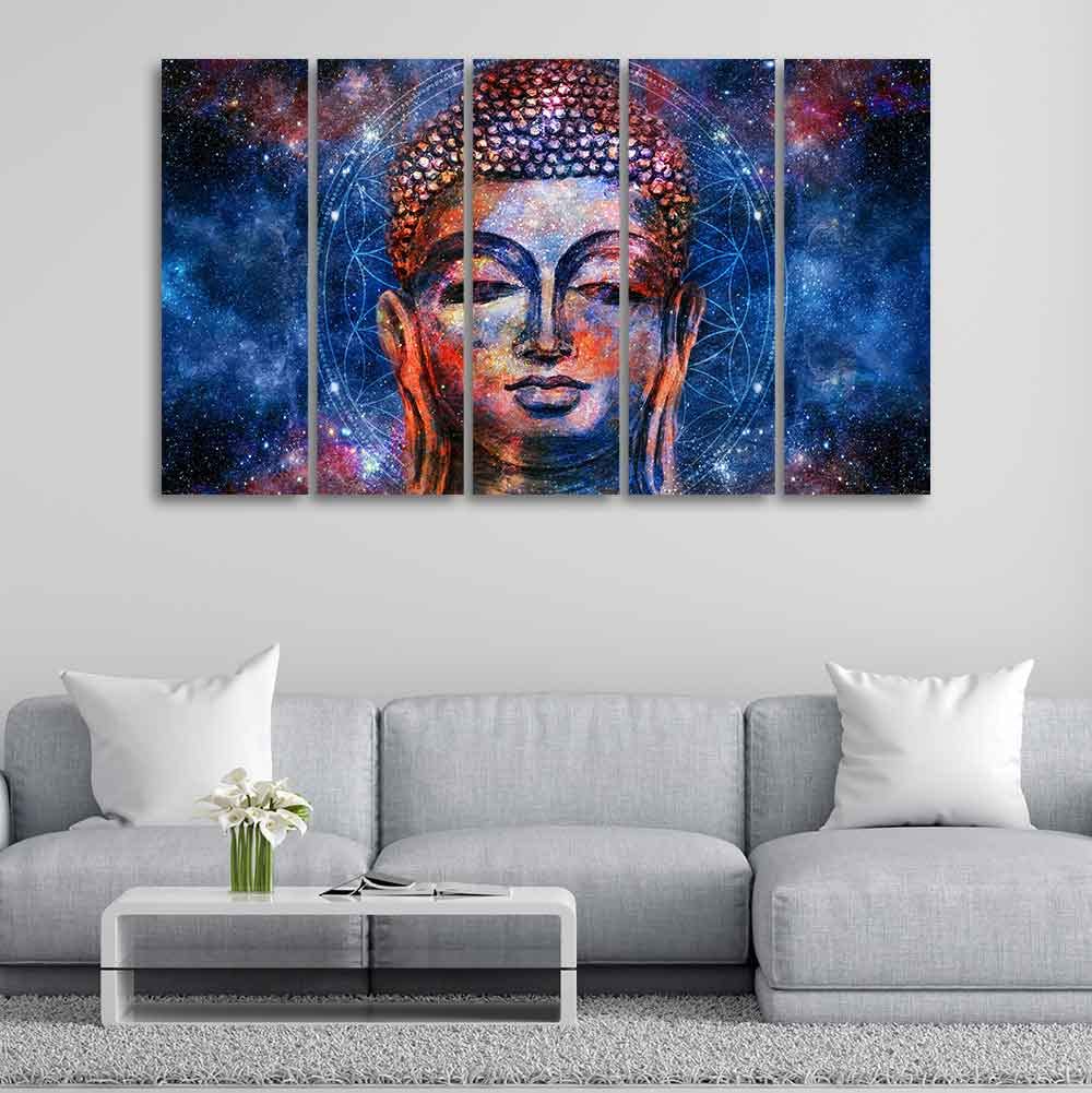VIBECRAFTS Divine Buddha Head Wall Painting Five Pieces For Home|Office|Living Room|Gift (PTVC5Pcs4_8640)