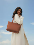 Everpret Premium Work Tote Bag for Women with 16-Inch Laptop Compartment | Vegan Leather Office Travel Handbag with Trolley Sleeve, Water Bottle Pocket & Organized Compartments | Tan