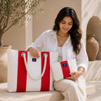 AQVA Striped Cotton Canvas Tote Bag with Matching Pouch for Women | Rope Handles | Large Capacity | Stylish Multipurpose Handbag with Zipper | Shoulder Bag for Laptop, Office & Travel (Red)