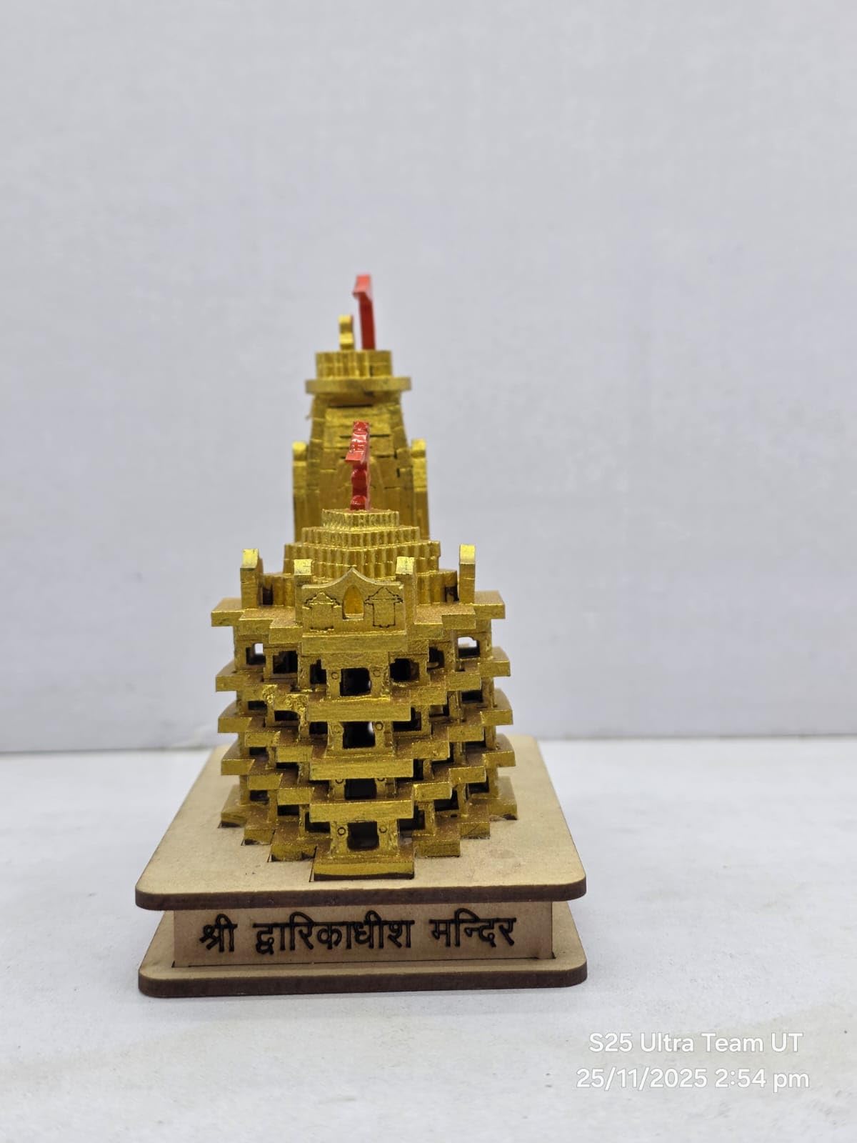 Wooden Dwarikadeesh Temple Miniature Model, Golden Finish, Decorative Religious Showpiece with Red Flags