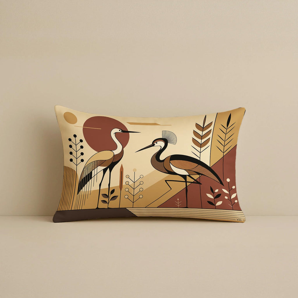 STITCHNEST Satin Cushion Covers Cranes with Tribal Botanical Motifs in Earthy Tones, 12x18 Inch, Pack of 2 for Sofa, Living Room or Boho Minimalist Interiors