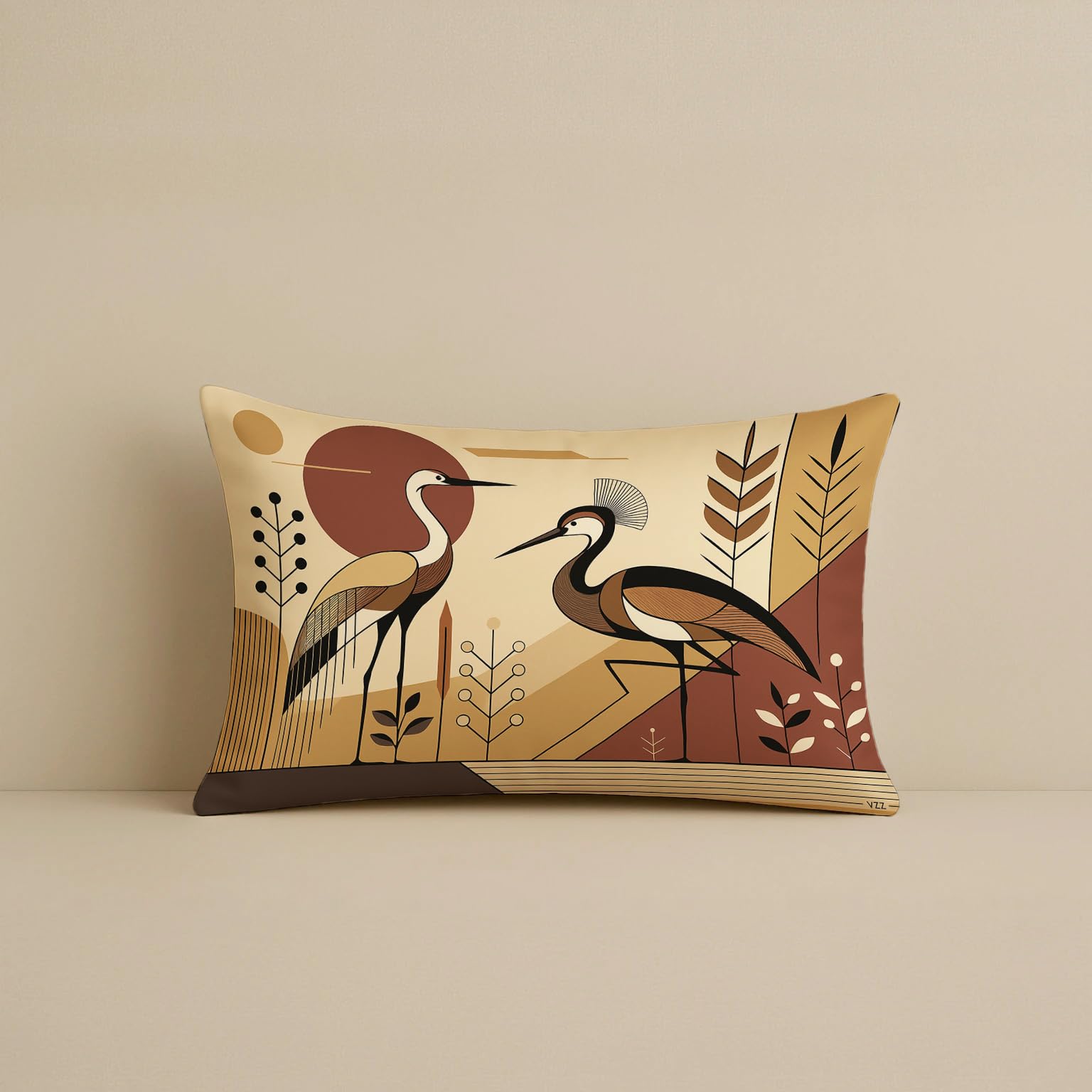 STITCHNEST Satin Cushion Covers Cranes with Tribal Botanical Motifs in Earthy Tones, 12x18 Inch, Pack of 2 for Sofa, Living Room or Boho Minimalist Interiors
