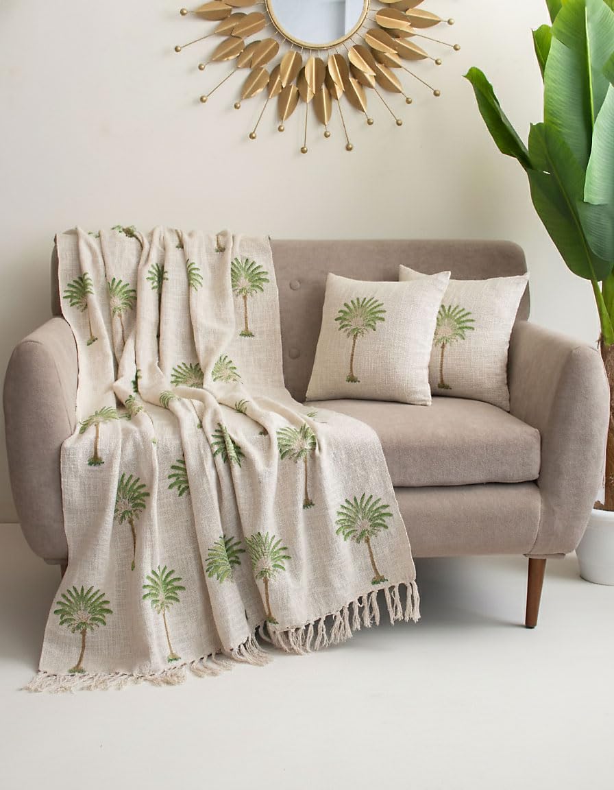 DMAASA Handwoven Cotton Sofa Throw Blanket with 2 pcs Cushion Covers Lightweight Decorative Couch & Bed Throw (Pack of 3, Green Palm Tree) Kafalo
