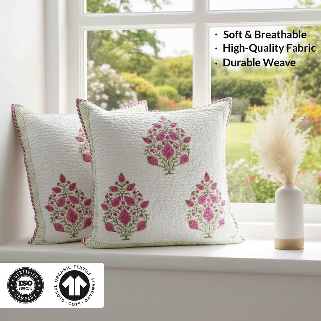 HOMEMONDE Quilted 24 X 24 Inches Soft Throw Cushion Cover - 1 Piece Jaipuri Hand Block Print Cotton 300 TC Pillow Covers, Pink