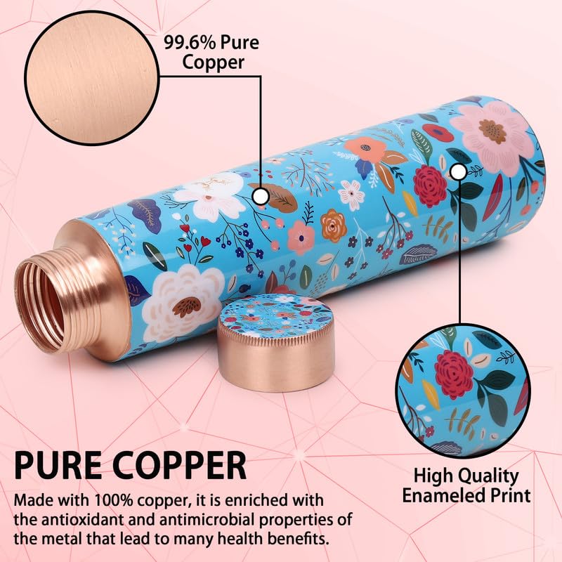 MERCAPE Pure Copper Water Bottle 900 ml | Floral Printed Designer Finish | Leak-Resistant Screw Cap | Jointless Construction | Reusable Water Bottle for Home, Office, Gym & Travel