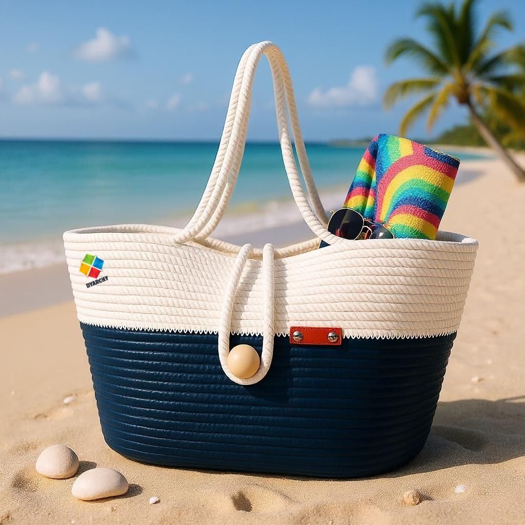 DYARCHY Women’s Large Hobo Shoulder Bag for Casual Use | Stylish Colorblock Handbag with Rope Handles | Lightweight Beach & Travel Bag (White & Navy)