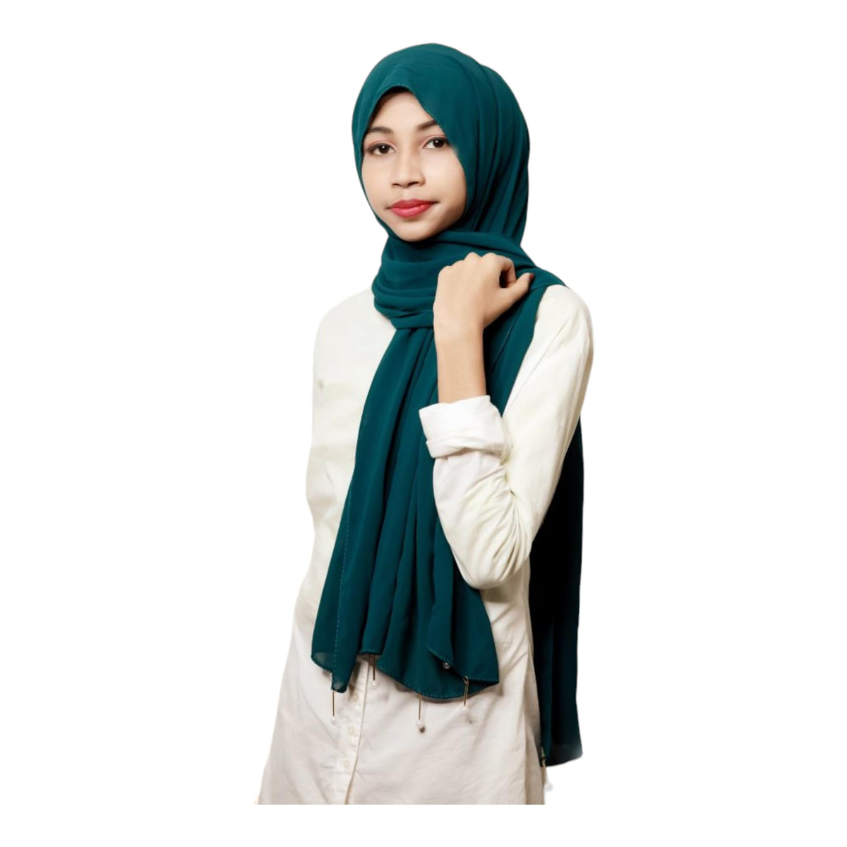 Urshia Georgette Hijab for Women - Pearl/Moti Latkan/Diamond Style (Cyan Green)