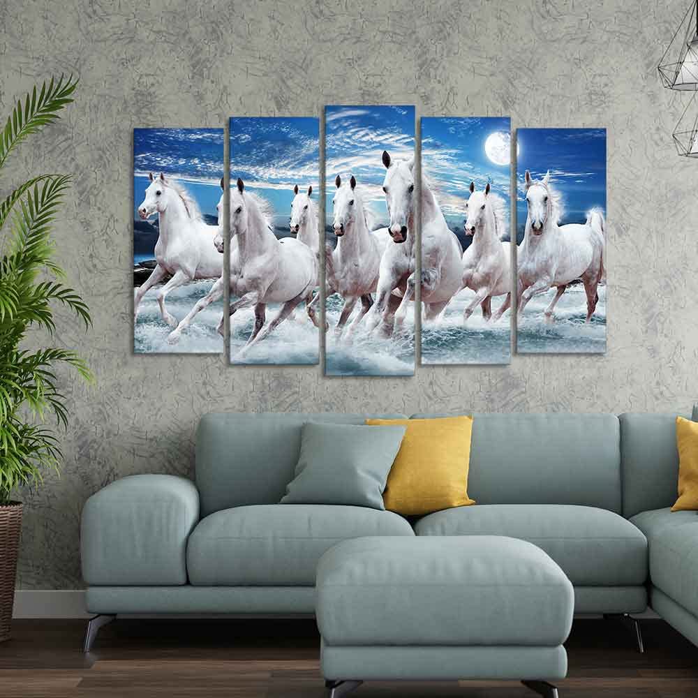 VIBECRAFTS Seven Running Horses in Water Canvas Wall Painting of Five Pieces For Home|Office|Living Room|Gift (PTVC5Pcs2_6628)