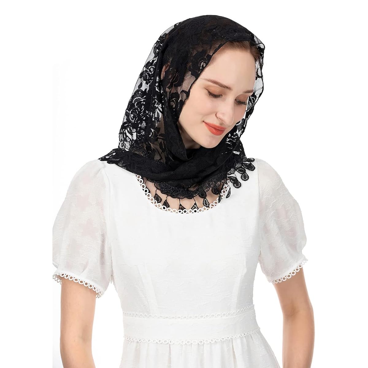 PALAY Triangle Lace Veil for Church, Black Mantilla Scarf Rose Tassel
