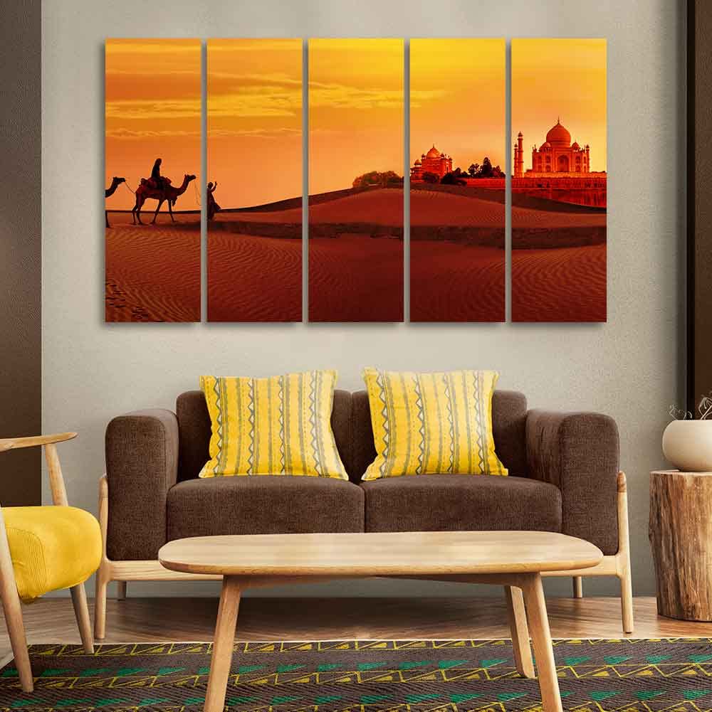 VIBECRAFTS Beautiful Five Pieces Wall Painting of Camel Caravan Heading to Taj Mahal For Home|Office|Living Room|Gift (PTVC5Pcs4_8654)