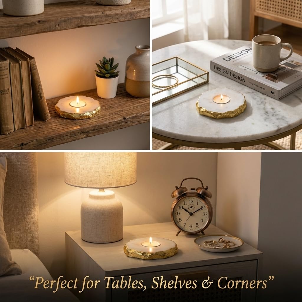 House OF Wemy Golden foil Marble Tea Light Holder/Luxury Candle Holder for Home Decor and Candle Light Dinner/Handcrafted by Indian Artisans/Festive Gifting - Pack of 1
