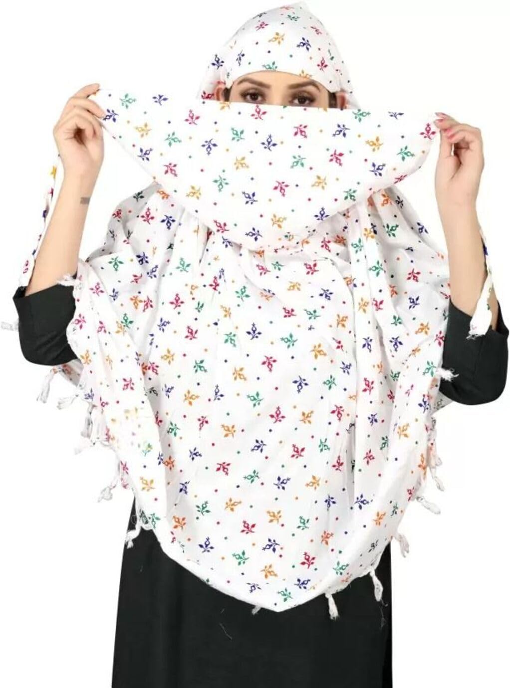 Vinsh Enterprise Cotton Long Scarf Cum Mask Scarves Usable for Vehicle Driver | White Printed Design | Universal Size | For Girl & Women | Soft & Breathable Sun Protection (FOOL PATI)
