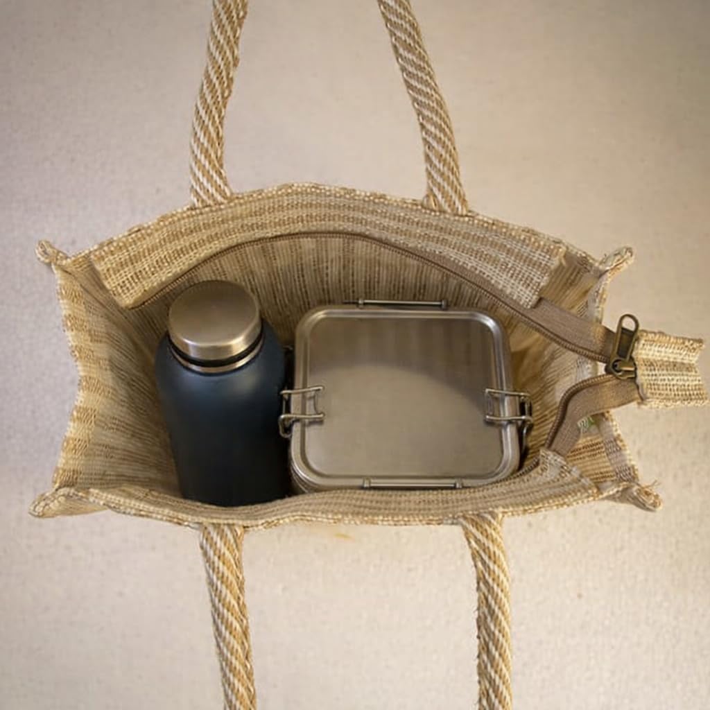 MOZU BAZAAR Jute Lunch Bag with Zip | Lunch Box Bag for Office Use | Jute Bag for Lunch | Jute Bags for Women & Men, Shopping, Grocery & Office Essentials (Button Flap)