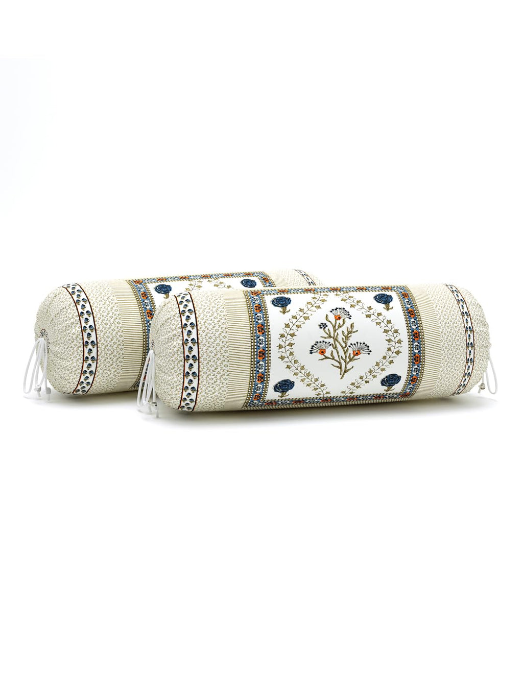 BLOCKS OF INDIA Cotton Hand Block Printed Bolster Cover | Booster Cover with Drawstring | Round Long Pillow Cover for Bed | Dewan Pillow Cover Set 16 X 32 | Set of 2 (Color 50)