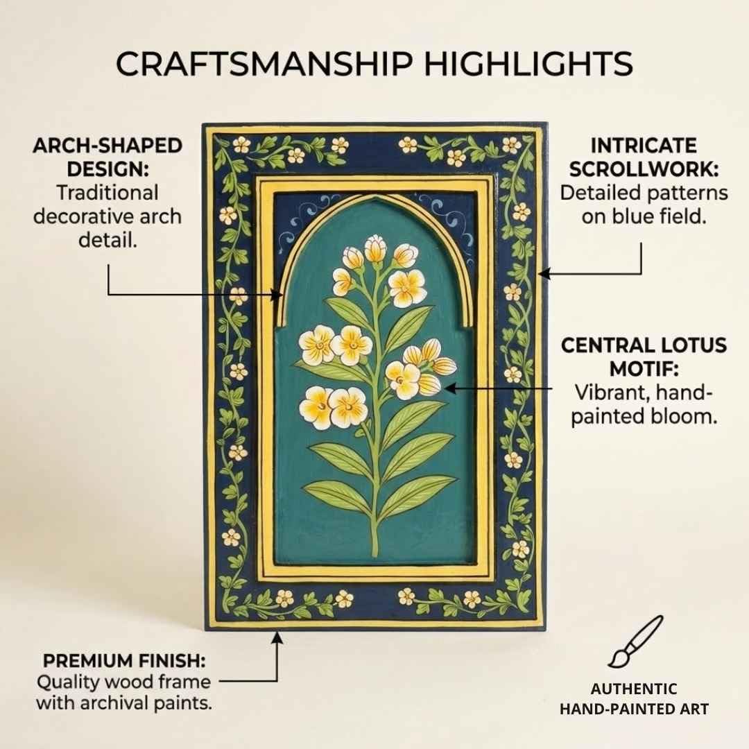 ATRANGI STUDIO Chameli Handpainted Wooden Wall Frame | Rajasthani Traditional Craft | Decorative Floral Wall Hanging Art for Living room, Bedroom, Office | 12×18 Inch, Indigo
