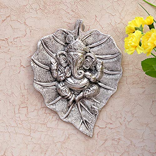 KridayKraft Multicolour Handmade Decorative Feng Shui Metal Pan Leaf Hanging Ganesh Ji Statue (Silver Plating)