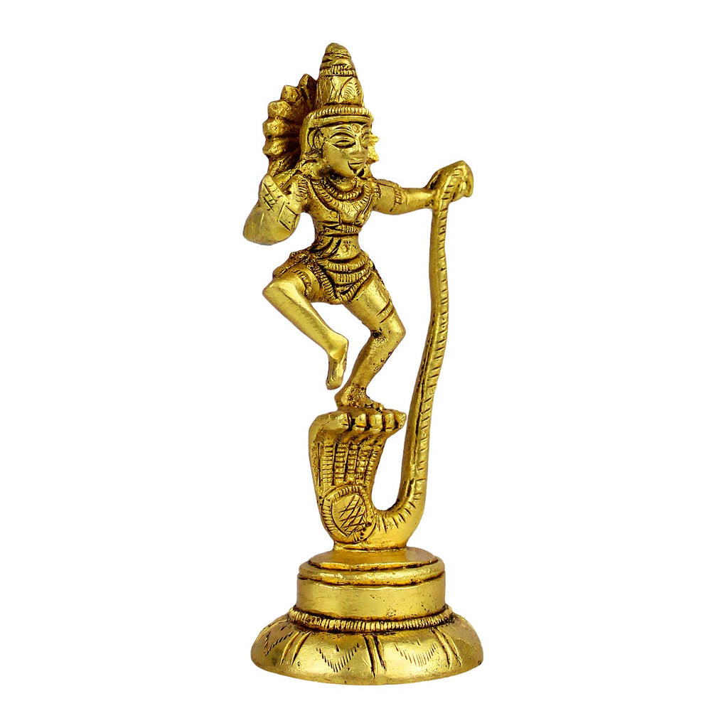 ARTVARKO Brass Dancing Krishna Statue Standing on Shesh Naag Hood Murti Vastu Religious Figurine for Mandir, Living Room, Office Table and Home Decor Gift Small 4 Inch