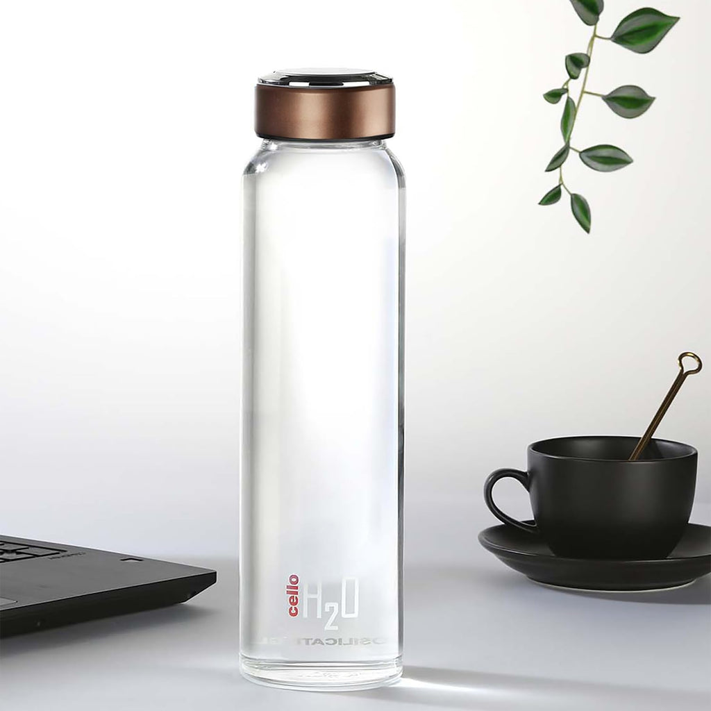 CELLO H2O Glass Water Bottle for Fridge 1000 ml Copper | Microwave Freezer & Dishwasher Safe, Easy to Clean & Pour Wide Mouth Lead-Free Toughened Glass Water Bottle for Kitchen Office Travel & Gifting