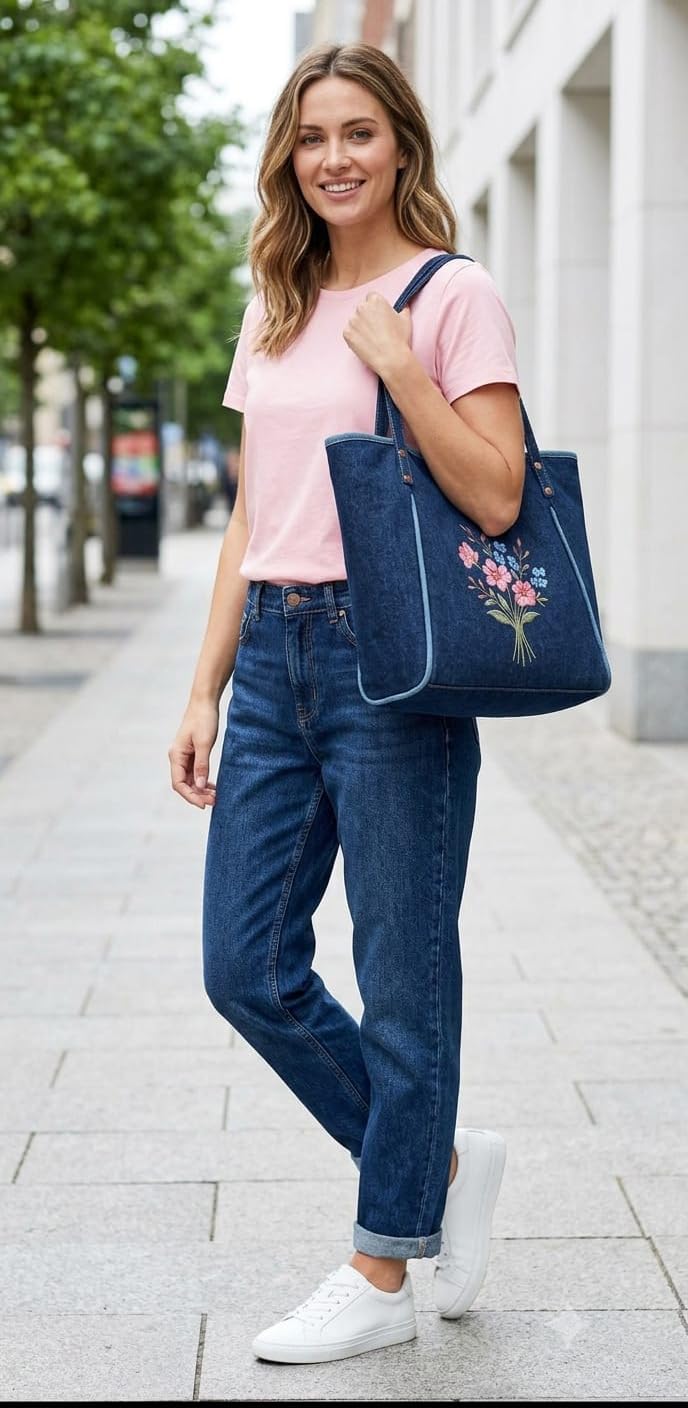 LEWULT Women's Floral Denim Tote Bag | Large Shoulder Handbag for Daily Use