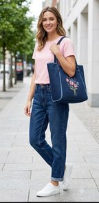 LEWULT Women's Floral Denim Tote Bag | Large Shoulder Handbag for Daily Use