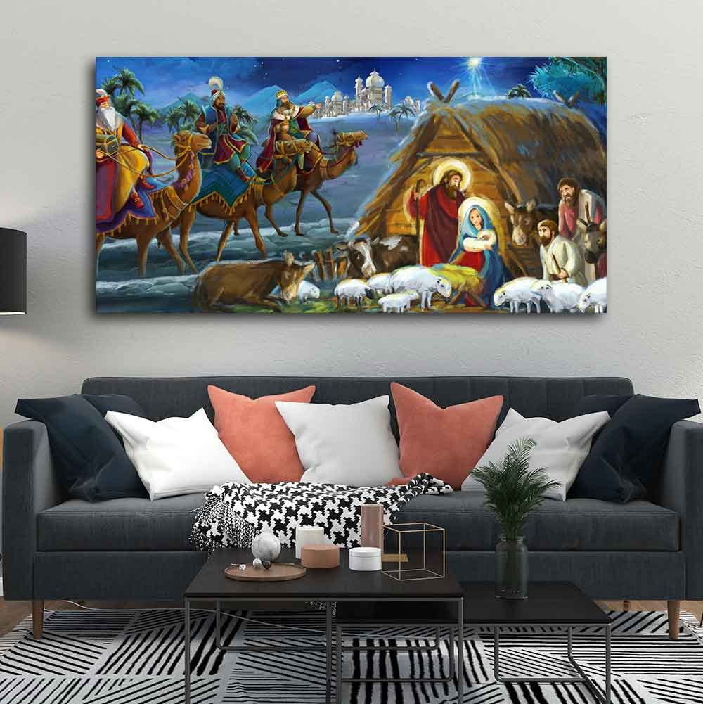 VIBECRAFTS Canvas Paintings for Living Room Drawing Room Three king And Holy Family Canvas Wall Painting Fitted With Wooden Frame for Home | Office | Gift (PTVCH_2448)