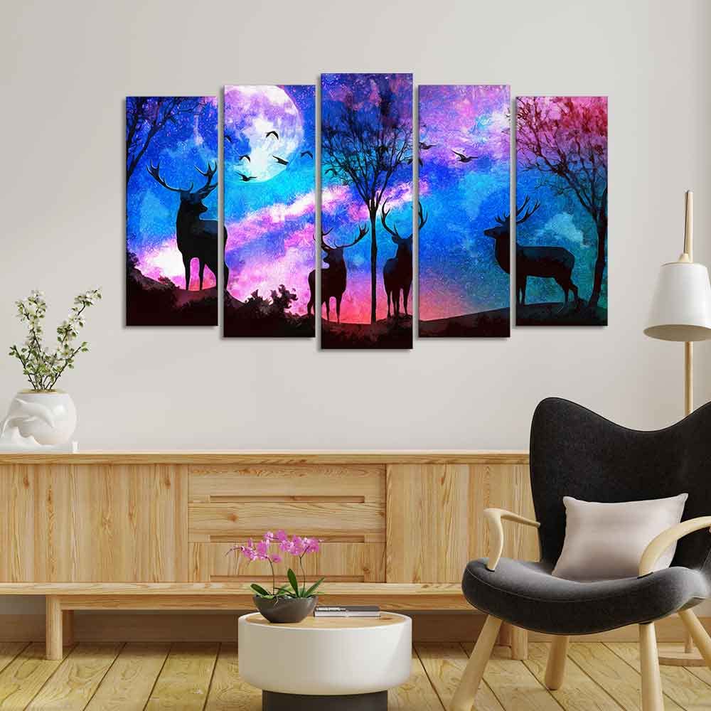 VIBECRAFTS Deer Silhouette Colorful Sky Wall Painting of Five Pieces Set For Home|Office|Living Room|Gift (PTVC5Pcs2_6550)