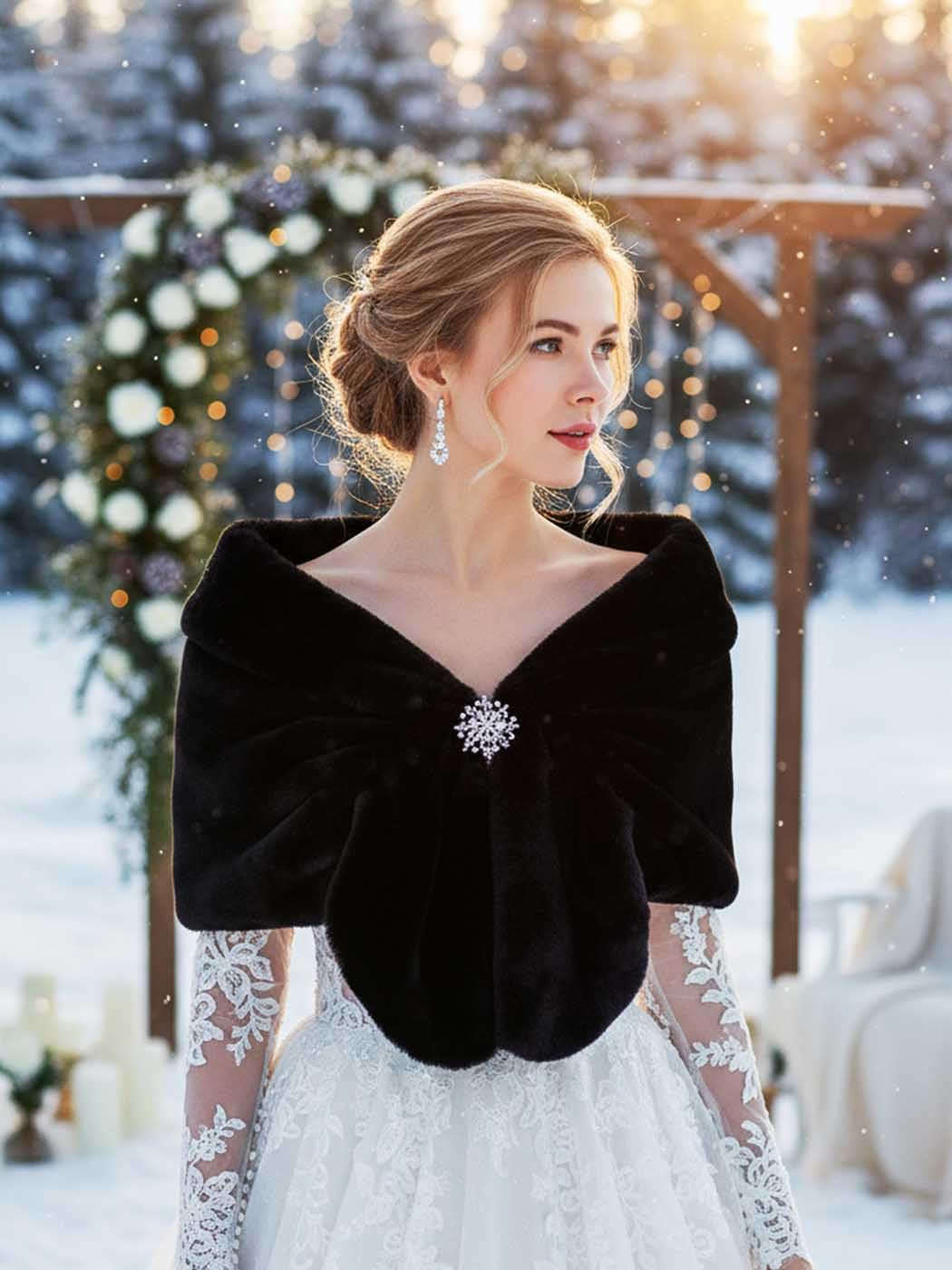 Aukmla Aukmla Wedding Black Faux Fur Wraps and Shawls Wedding Bridal Stoles Scarf for Brides and Bridesmaids