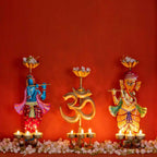 ATRANGI STUDIO Spiritual Combo - Ganesha, Krishana, Om Iron Tealight Holders | Handcrafted Festive Decor | Designer Candle Holder | Hold 3 tealight Candles | Perfect for Pooja Shelf & Gifting