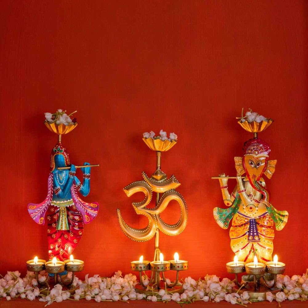 ATRANGI STUDIO Spiritual Combo - Ganesha, Krishana, Om Iron Tealight Holders | Handcrafted Festive Decor | Designer Candle Holder | Hold 3 tealight Candles | Perfect for Pooja Shelf & Gifting