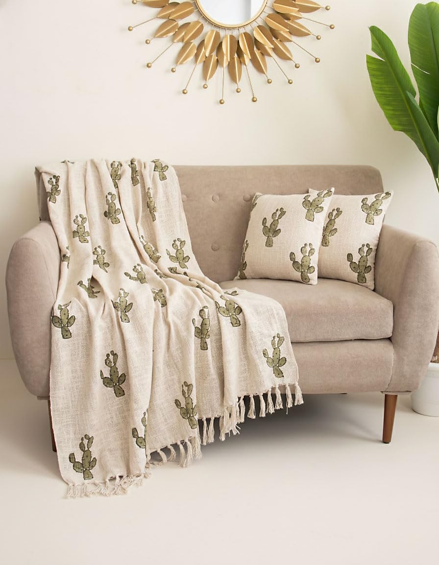 DMAASA Cotton Sofa Throw Blanket with 2 pcs Cushion Covers Beige (Nagfani Print, Pack of 3) Kafalo