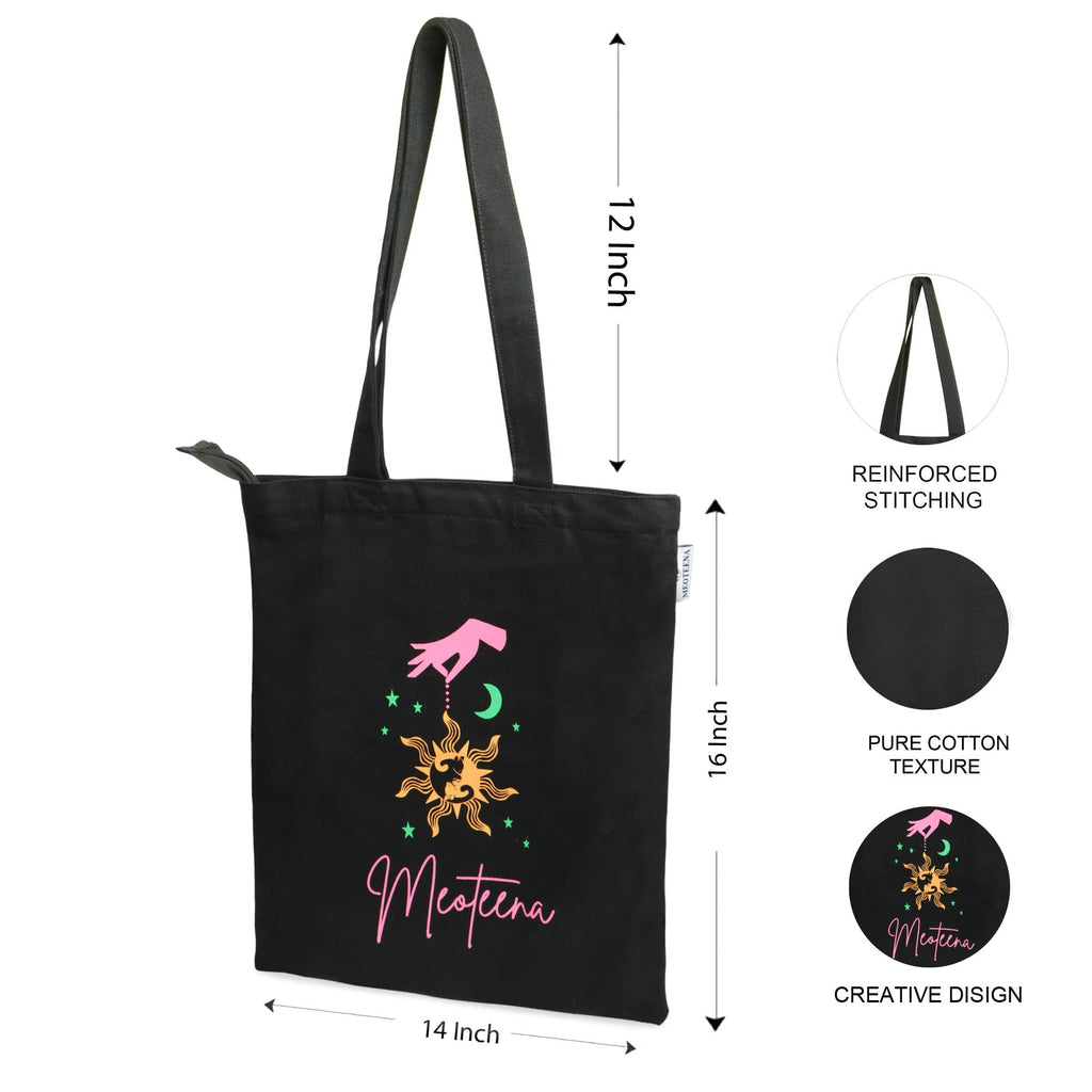 Meoteena Canvas Cotton Tote Bags for Women & Girls | Reusable Multipurpose Bag (Star and Moon)