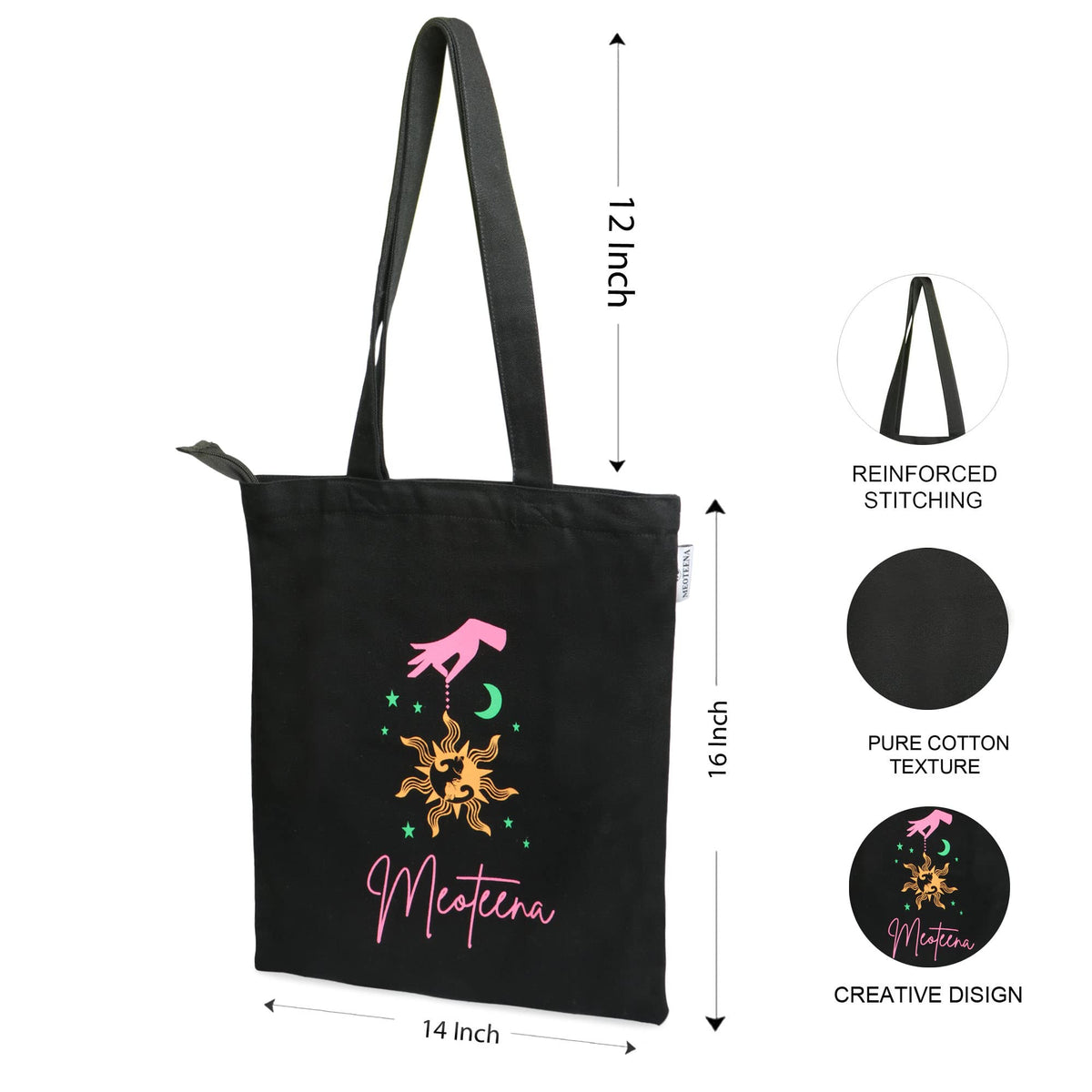 Meoteena Canvas Cotton Tote Bags for Women & Girls | Reusable Multipurpose Bag (Star and Moon)