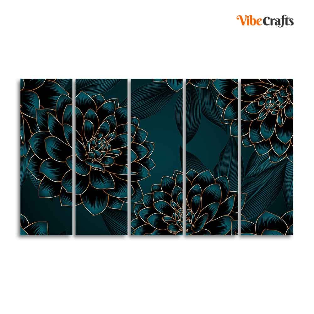 VIBECRAFTS Golden Flowers Dahlia and Leaves Wall Painting of Five Pieces For Home|Office|Living Room|Gift (PTVC5Pcs4_8718)