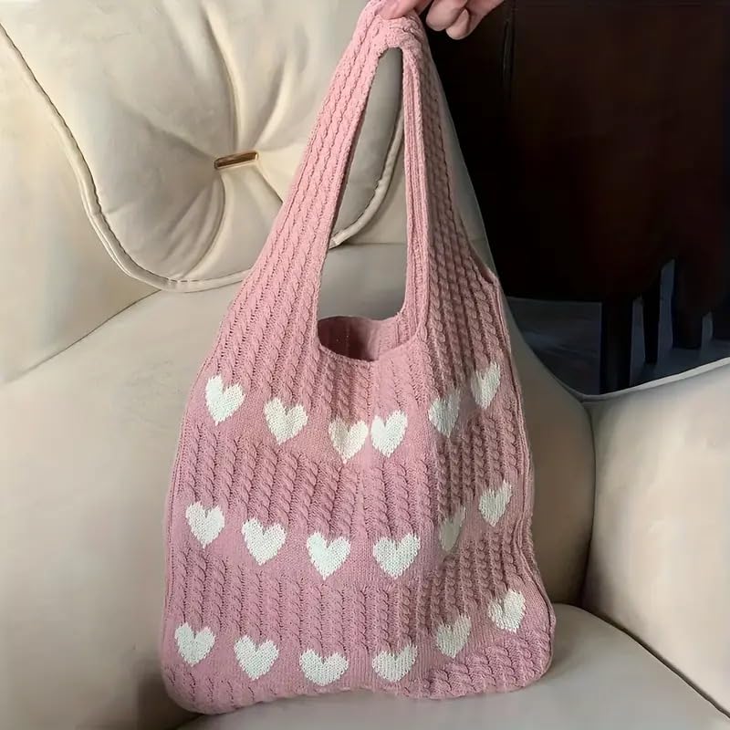 Kawn® Premium Knitted Heart Pattern Tote Bag Large Stylish and Durable Trendy bag for Everyday Use Beach Shopping Travel Work – Comfortable and Trendy Design (Pink)
