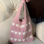 Kawn® Premium Knitted Heart Pattern Tote Bag Large Stylish and Durable Trendy bag for Everyday Use Beach Shopping Travel Work – Comfortable and Trendy Design (Pink)