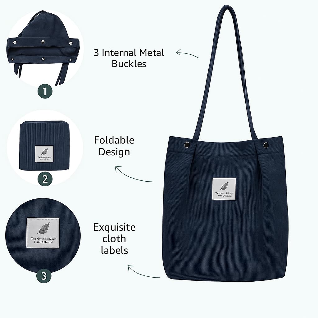 Lyrovo Women Corduroy Shoulder Tote Bag for Work Beach Travel and Shopping Grocery (Navy Blue)