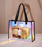 RIVAGI Beach Bag Transparent, Clear Tote Bag with Black Handles, Holographic Rainbow Design