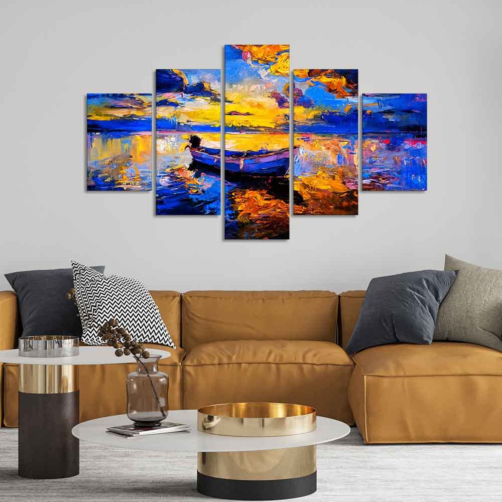 VIBECRAFTS Boat at Colorful Sunset Canvas Wall Painting Five Pieces For Home|Office|Living Room|Gift (PTVC5Pcs1_5523)