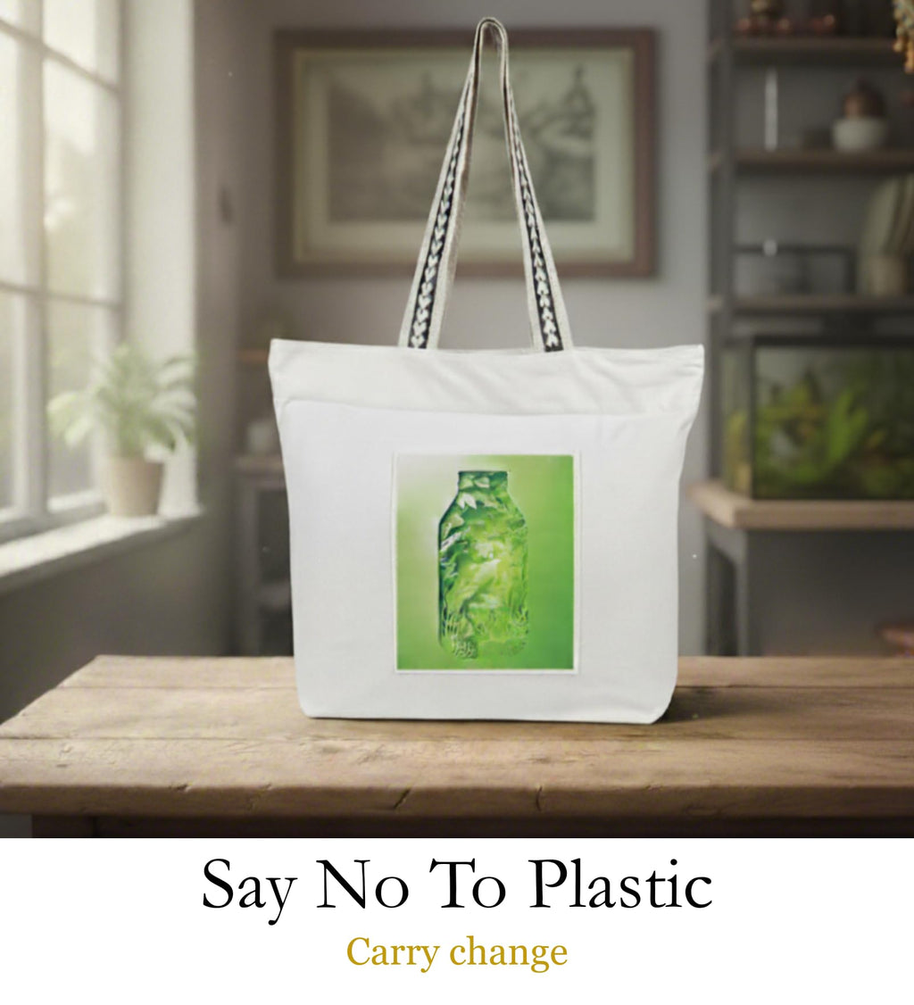 WOTM On The Move Tote | Premium Printed Cotton Canvas Tote Bag with Zipper & Inside Pocket, Stylish Everyday Travel Bag for Work, College, Office, Travel, Shopping (Say no to plastic)