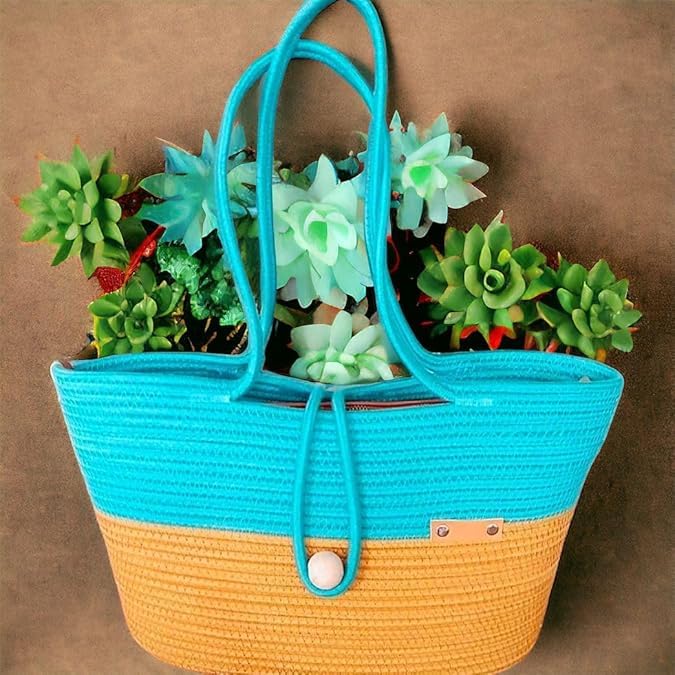 BEAUTIFUL HOMMIES Attractive Hand Bag |large Tote Bag |Summer Bag | Bucket Bag | Basket Bag | Bamboo Tote | Beach Bags for Women|Boho Bag|Handbag |Jute Bag |Handmade Bag (YELLOW CYAN STYLISH)