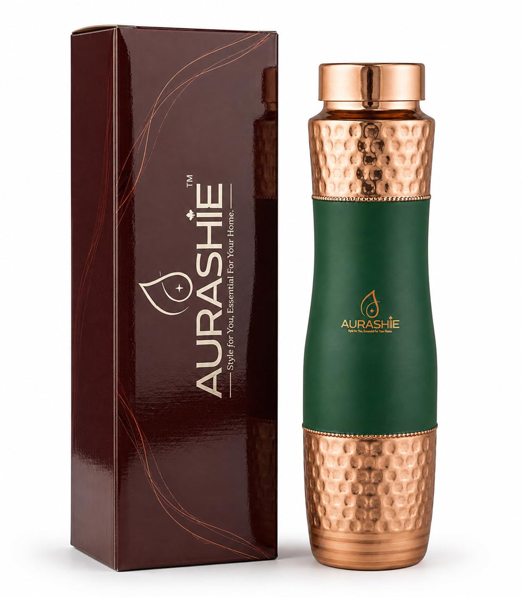 AURASHIE Pure Copper Water Bottle 1 Litre | BPA Free & Leak Proof | Copper-Infused Water | Durable & Rust Proof | Ayurveda Health Benefits - Hammered Finish (Green Grip Sleeve)